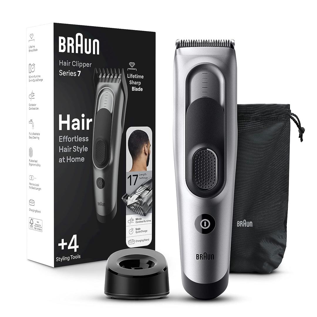 Braun Hair Clippers for Men, Series 7 7390, Hair Clip from Home with 17 Length/Recall Setting, Incl. Memory SafetyLock, Ultra-Sharp Blades, 2 Combs, Stand, Pouch, Washable