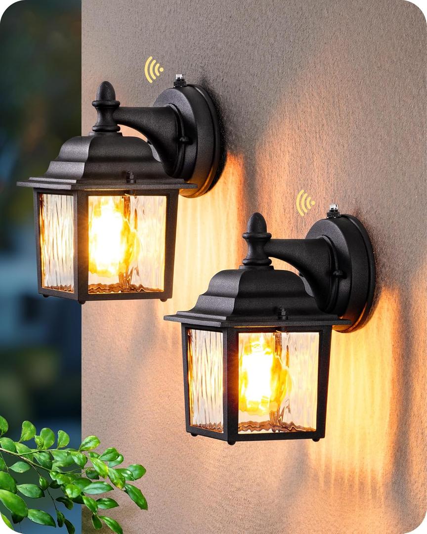 EDISHINE 2 Pack Outdoor Porch Light, Dusk to Dawn Exterior Lighting Fixtures, Modern Outdoor Wall Lights Fixture, Clear Water Ripple Glass, Anti-Rust Waterproof for Front Door Garage Patio, Black