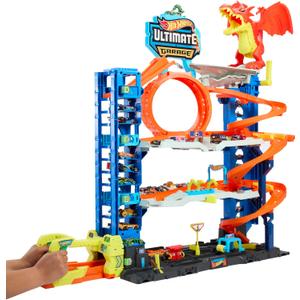 Hot Wheels City Ultimate Garage Track Set with 2 Die-Cast Toy Cars & Car-Eating Dragon, Stores 50+ Vehicles, 4 Levels