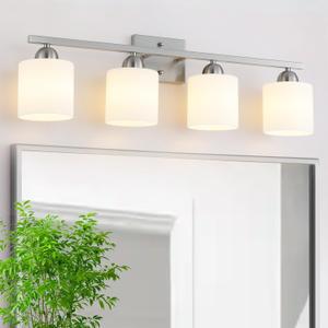 Mecgirn Stainless Steel Milk Glass Vanity Lights for Bathroom, 4 Light Brushed Nickel Bathroom Light Fixtures Over Mirror, Ceramic E26 Sockets Wall Mounted