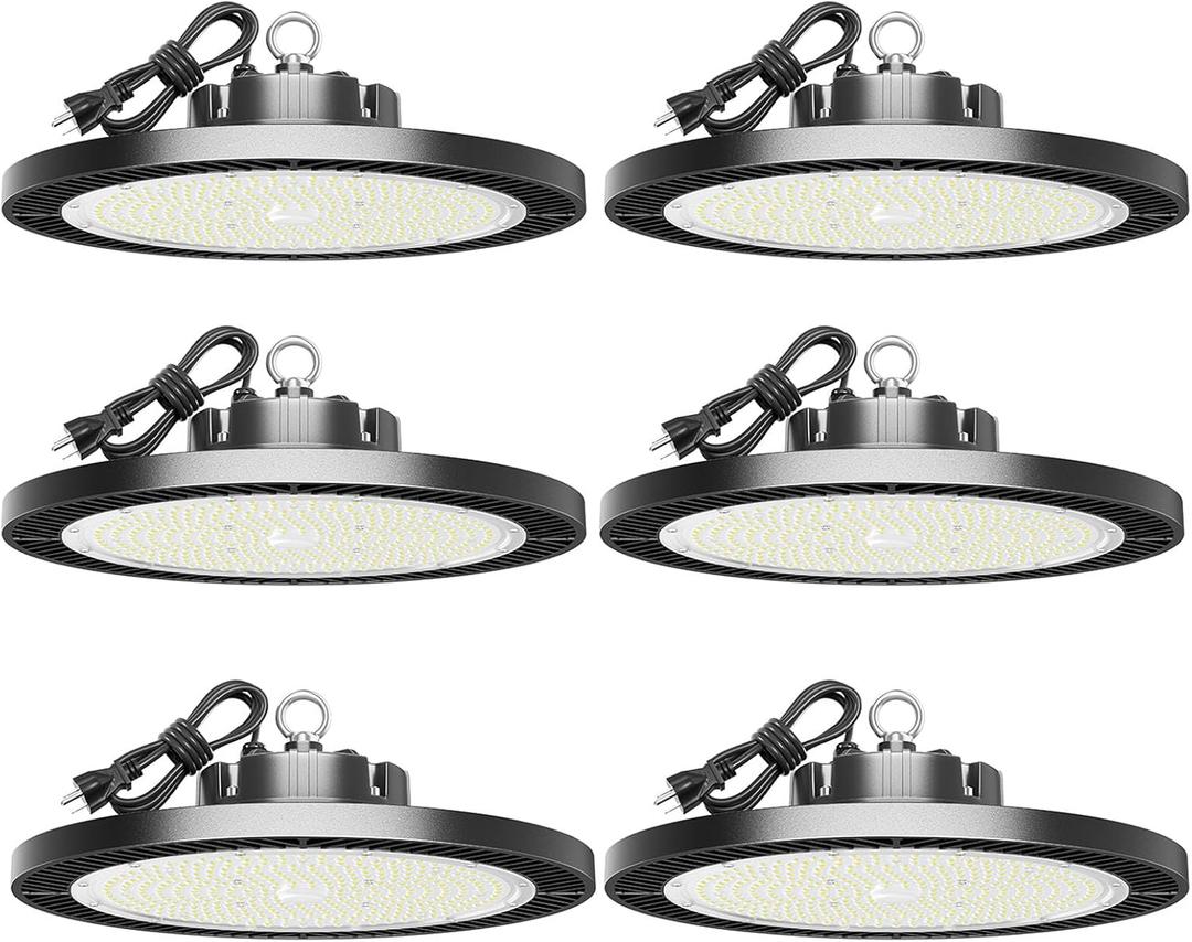 6 Pack 200W High Bay Led Shop Lights - 5000K UFO Led High Bay Light with Plug 5' Cable and Hook Ring, Shop Light UFO Barn Lights Led High Bay Lights for Garage Gym Warehouse Workshop