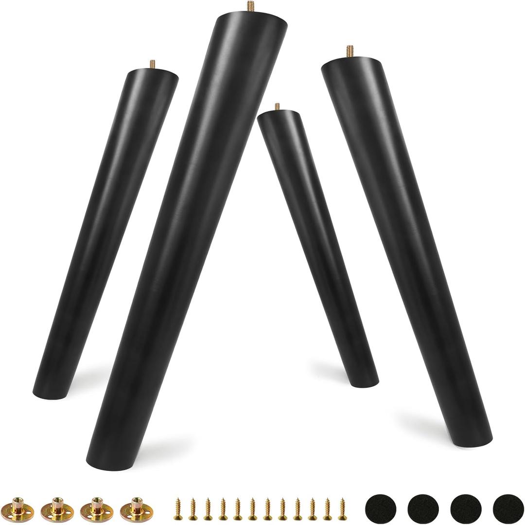 FoDau770 Black Rubber Wood Furniture Legs 16 Inches, Slant Tapered Wood Feet Mid Century Table Legs Set of 4, 5/16" UNC Screw-in Furniture Feet - Max Leg Diameter 2.3"