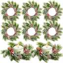 Hotop 8 Pcs Mini Christmas Wreaths for Kitchen Cabinet Small Christmas Candle Rings Wreaths Pillars Candle Rings Table Centerpieces Hanging Garlands for Front Door Window Decor