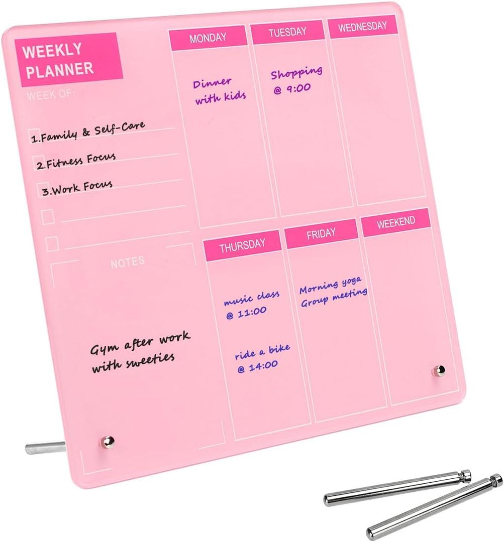 Desktop Acrylic Weekly Planner Whiteboard with Stand, Dry Erase Weekly Planner for Desk, Weekly White Board with to Do List, 9.8"x11.8", Pink Dry Erase Board for Home Office School