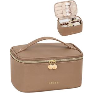 Prite Makeup Bag, Large Capacity Portable Travel Cosmetic Bag, Waterproof Makeup Organizer for Women with Handle and Divider(Brown)