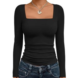 Trendy Queen Womens Cropped Long Sleeve Top - Square Neck Y2K Going Out & Workout Shirts, Soft Stretchy Fit (Large, Black)