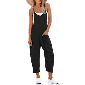 Muchpow Women's V Neck Sleeveless Jumpsuits Spaghetti Straps Harem Long Pants Overalls With Pockets (Large, Black)