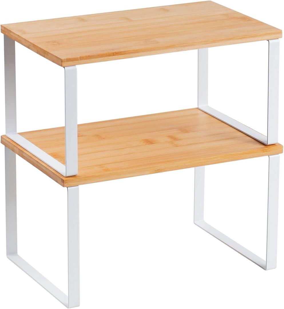 Kitchen Cabinet Organizer Shelf, Set of 2 Stackable Counter Shelves, Small Wood Cabinet Riser Shelf for Pantry Cupboard Spice Dish Mug Cup, Expandable, Metal Engineered Wood (Beige & White, 11.7''W)