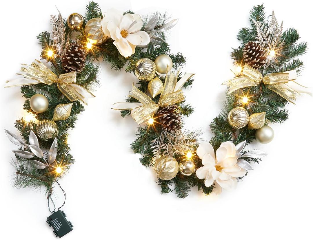 6ft Christmas Garland with Lights, Prelit Outdoor Christmas Garland with Timer 20 LED Lights Pine Cones Gold Ball Ornaments Bow for Mantle Fireplace Stairs Railing Indoor Decorations, Battery Operated