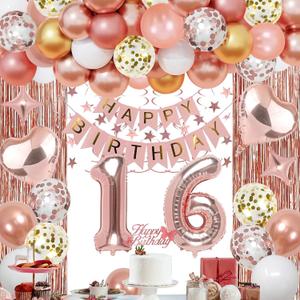 16th Rose Gold Birthday Party Decorations for Girls, Rose Gold Happy Birthday Banner, Fringe Curtains, Heart Foil Balloons, Confetti Balloons, Cake Topper for 16th Birthday Decorations