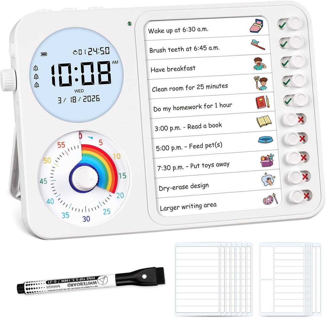 3-in-1 Visual Timer & ADHD Tool for Kids – ADHD Task Timer for Adults with Visual Schedule, Chore Chart & Planning Board for Home, School, Classroom, Work (White)