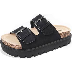 Chunky Platform Sandals for Women, Waterproof Non-Slip Rubber Sole, Adjustable Double Buckle, Arch Support Open Toe Slide Sandals, Comfortable Black Wedge Sandals for Women (9)