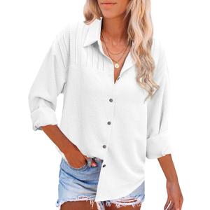 HOTOUCH Womens Long Sleeve Button Down Shirts Oversized Collared Drop Shoulder Work Tops Textured Loose Blouse S-XXXL (01-white)