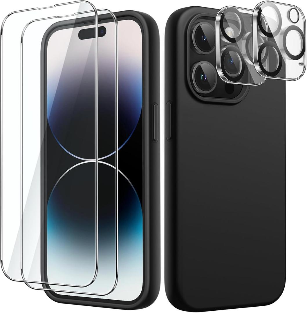 JETech 5 in 1 Silicone Case for iPhone 14 Pro Max 6.7-Inch, with 2-Pack Screen Protector and 2-Pack Camera Lens Protector, Full Coverage Tempered Glass Film, Shockproof Phone Cover (Black)