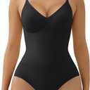 SHAPERX Women's Seamless Shapewear Tummy Control Bodysuit with Removable Pads Mid Thigh Body Shaper (Black, L)