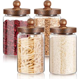 Gerrii 4 Pcs 32 oz Glass Food Storage Jar with Acacia Wood Lids Airtight Sealed Clear Glass Canisters Air Tight Glass Container Jar for Coffee Beans Nuts Loose Leaf Tea Sugar Spice Candy Rice Pasta