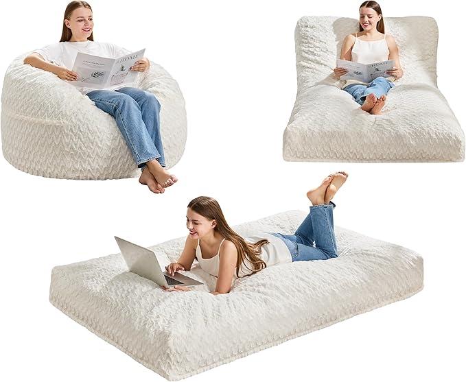 Hobestluk Bean Bag Chair Convertible Beanbag Chairs for Adults, 3 in 1 Bean Bags with Plush Chevron Cover, Adult Bean Bag Chair for Living Room, Bedroom (White, Full)