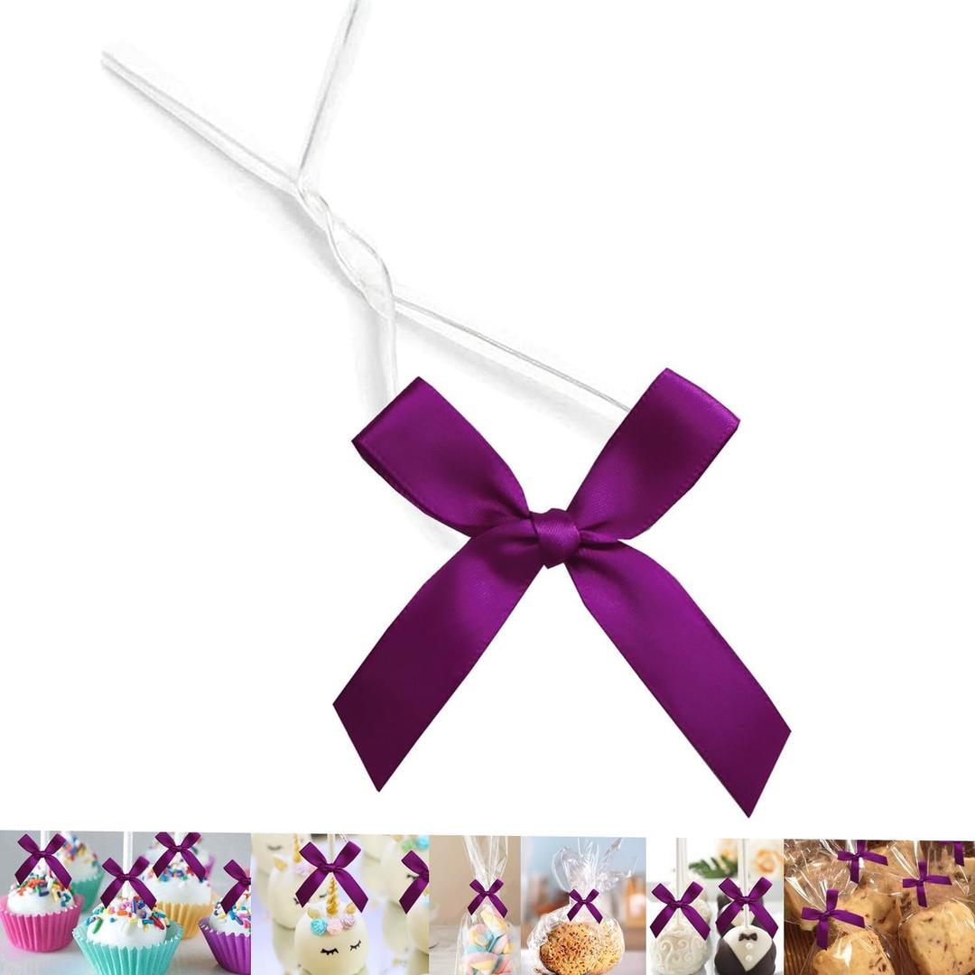 50 Pack 3" Ribbon Twist Tie Bows, Pre Tied Bows for Gifts, Bow Ties for Bags, Twist Bows for Treats, Bow Twist Ties, Bows with Twist Ties, Pretied Bows for Lollipops, Cake Pops(Dark Purple)