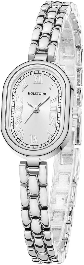 HOLSTOUR Silver Watches for Women, Vintage Oval Small Face | 30M Waterproof, Elegant Dress Quartz, Roman Numerals, Shiny Jewelry Clasp Bracelet