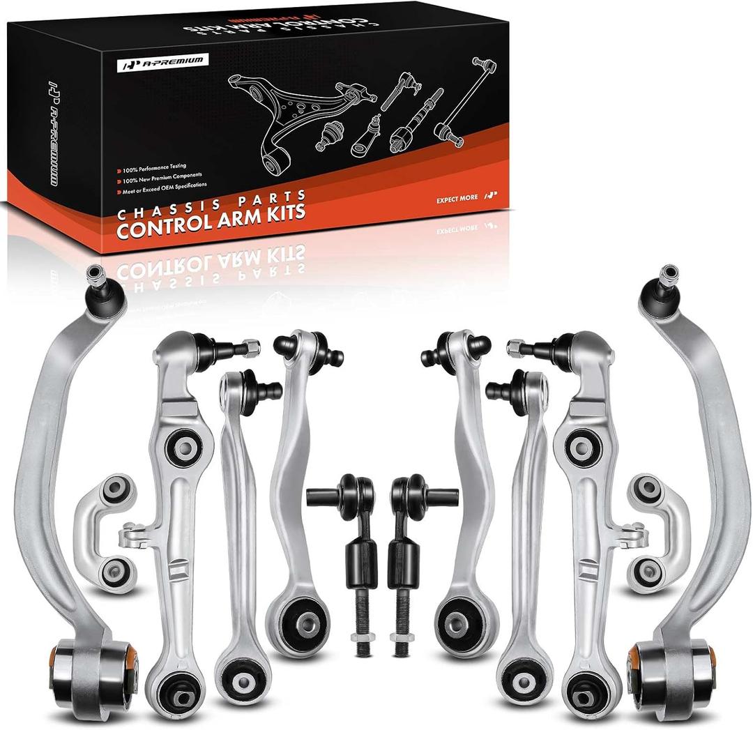 A-Premium 12Pcs Front End Suepnsion Kit, Front Upper Control Arm, Lower Control Arm, Outer Tie Rod End, Sway Bar Link, Compatible with Audi A4 2000-2008, A4 Quattro 2000-2008