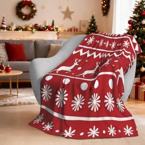 QDVXZA Christmas Blanket, Holiday Christmas Reindeer Snowflakes Flannel Fleece Blanket, Soft Cozy Plush Warm Winter Throw Blanket for Couch Bed Home Decor Gifts 60"x50" (Red)