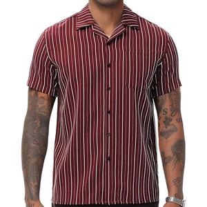 TUNEVUSE Men Hawaiian Shirt Vintage Striped Shirt Short Sleeve Summer Beach Causal Cuban Collar Shirt with Pocket Red Large