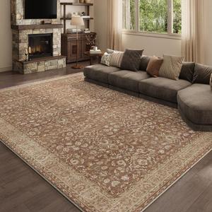 9x12 Area Rugs Reddish Brown Washable Rug for Living Room, Dining Room, Bedroom, Large Carpets, Non Slip & Non-Shedding Low Pile Vintage Print Rug for Home Office Decor