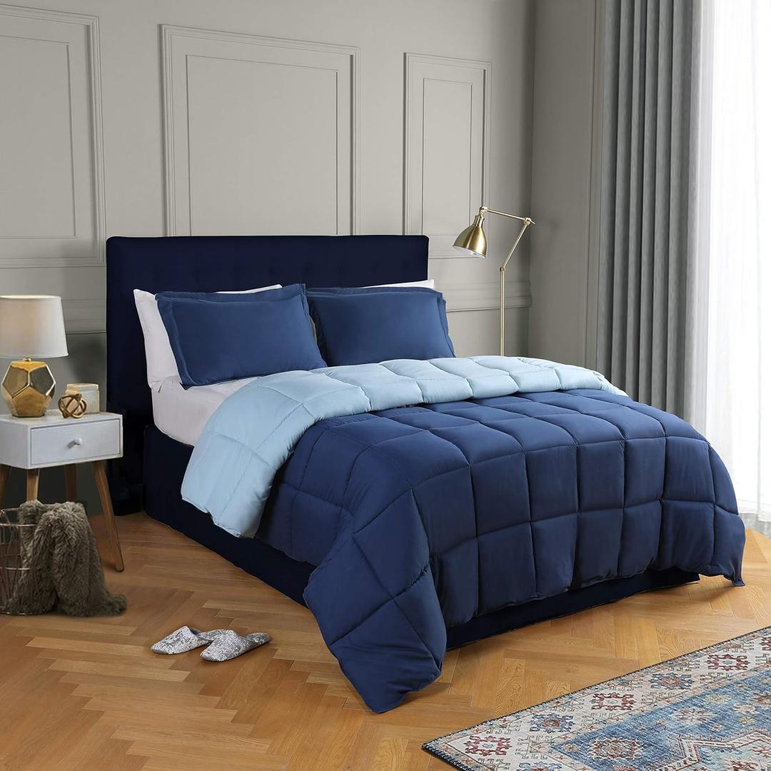 HIG 3pc Down Alternative Comforter Set - All Season Reversible Comforter with Two Shams - Quilted Duvet Insert with Corner Tabs - Box Stitched - Breathable, Soft (Full/Queen, Navy/Light Blue)