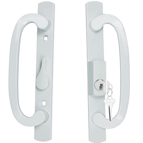 ReigaHood Keyed Sliding Patio Glass Door Handle Set Fits for Truth Legacy & Sash Controls P/N #2265, 45° Keyway w/o Mortise Lock, 3-15/16" Hole Centers, Non-Handed, White Diecast, B Position