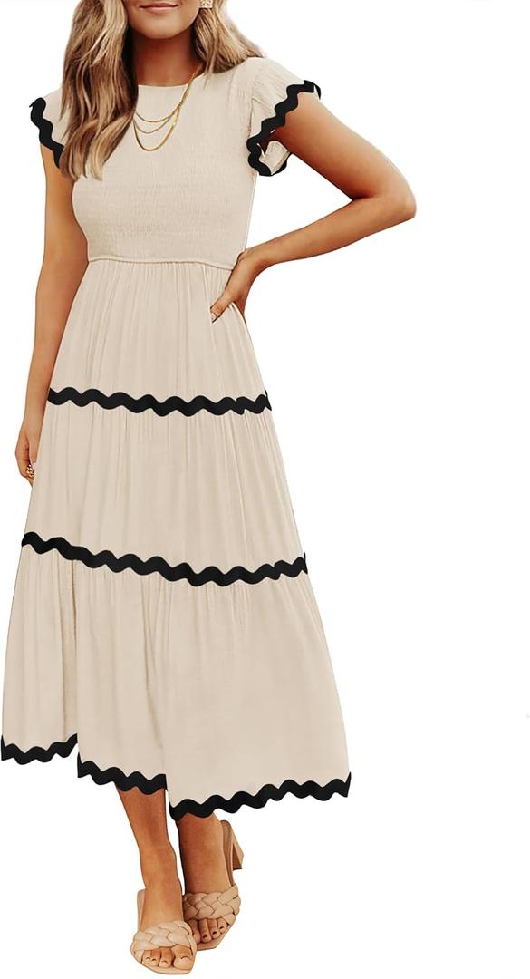 ZESICA Women's Summer Flutter Short Sleeve Smocked Midi Dress Casual High Waist Rickrack Tiered Flowy Dresses (X-Large, Apricot)