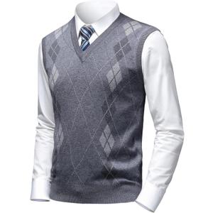 Mens Argyle Sweater Vests Classic V-Neck Sleeveless Pullover Grey Black Knitwear Nice Tank Tops for Dad Husband (XX-Large)