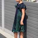 GRACE KARIN Girls Sequin Dress Short Flutter Sleeve Flare Silhouette Midi Dress with Hairbow 5-12Y (5-6 Years, Green on Black)