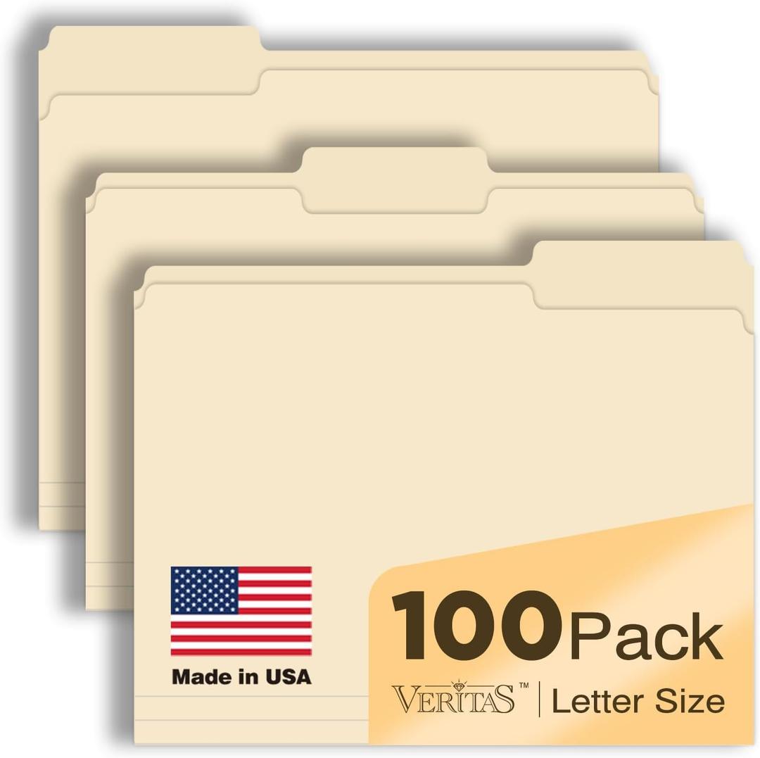 Manilla Folders 8.5 x 11 File Folders Letter Size Manila Folder with 1/3 Cut Tab 100 Pack Paper Folders for Office, School, Home, Business Filing Supplies Made in USA (Classic)