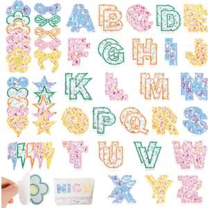 Self-Adhesive Letter Patches for Bags: NICEVINYL 78PCS Multicolor Floral Fabric Varsity Letters Stick on Patches - Cute Flower Star Heart Lightning Bows Sticker for Clothing Jackets Jeans Caps