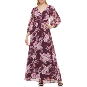 Jessica Howard Women's Floral Chiffon Maxi Gown Long Sleeve - Special Occasion Dress (Eggplant, 18Plus)
