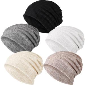 SATINIOR 5 Pieces Women's Slouchy Beanie Chemo Hat Stretch Cancer Head Wraps Sleep Head Scarf for Cancer Patient (Exquisite Color)