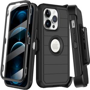 for iPhone 12 Pro Max Case with Built-in Screen Protector,Belt Clip Holster,Heavy Duty Shockproof Drop Protection Military Grade Full Body Rugged Phone Cover with Kickstand (Black)
