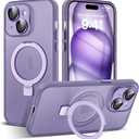 Designed for iPhone 15 Case with Magnetic Invisible Ring Stand[Military Drop&Full Camera Lens Protection][Compatible with Mag-Safe] Matte Translucent Slim Phone Case for iPhone 15 6.1"Purple