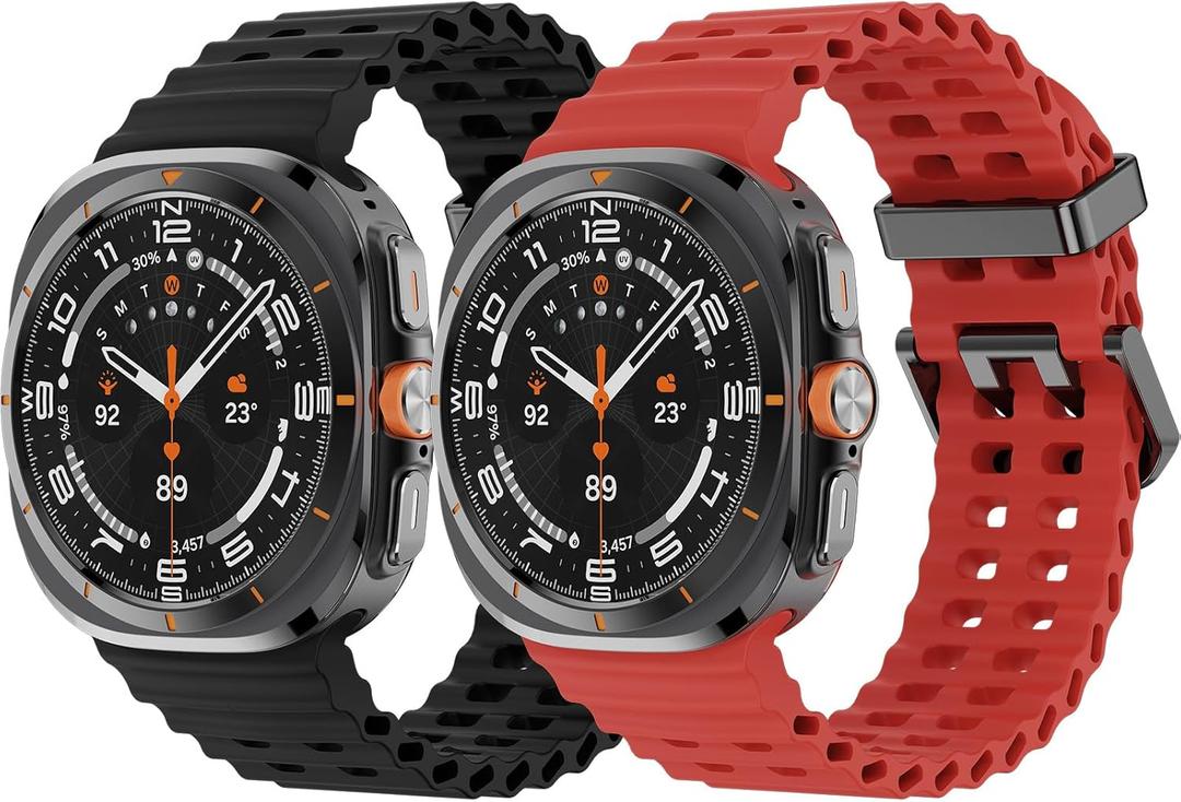 2 Pack Ocean Bands Compatible with Samsung Galaxy Watch Ultra 47mm (2025/2024) Women Men, Adjustable Breathable Silicone Strap for Galaxy Watch Ultra Bands (Black/Red)