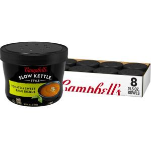 Campbell's Slow Kettle Style Tomato & Sweet Basil Bisque, 15.5 oz Microwavable Bowl (Pack of 8) (EXP 07/31/26)