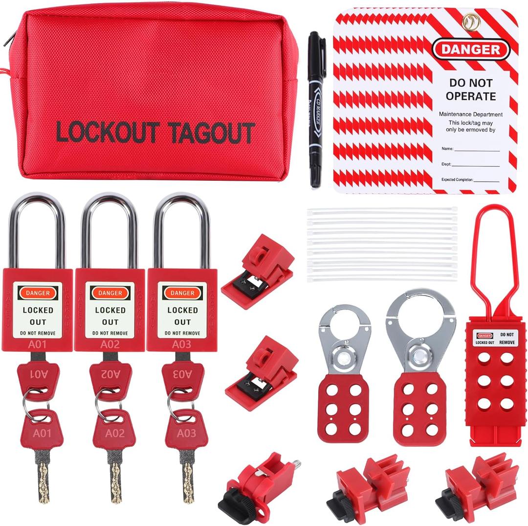 Masdun Loto Lockout Tagout Kit Electrical Loto - Group Lockout Hasps,Circuit Breaker Lockout, Lockout Tags, Safety Padlocks with Number, Nylon Ties with Pocket Bag (Red Kit)