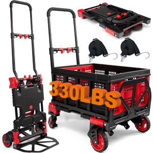 2-in-1 Folding Hand Truck with Folding Basket,Hand Truck with Retractable Handle, 330LBS Capacity Heavy Duty Hand Dolly, Dolly Cart with Wheels for Luggage/Moving/Travel