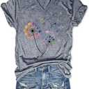 Women's Floral T-Shirts V-Neck Dandelion Sun Flower Graphic Casual Tee Boho Tops Cute Wildflowers Shirts, XL
