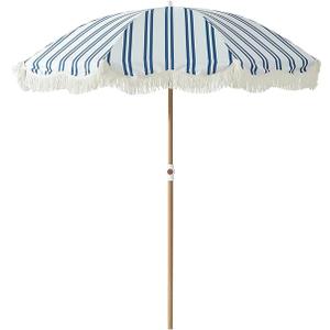 6.5FT Striped Beach Umbrella with Fringe, UPF 50+ Sun Protection with Silver Coating, Adjustable Height and Tilt Design, Wind-Resistant Fiberglass Ribs, Wood Grain Iron Pole, Lightweight Design with Portable Carry Bag, Base Not Included