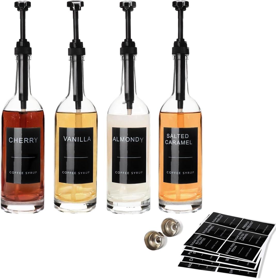 25.4 oz 750 ml Glass Coffee Syrup Dispenser for Coffee Bar With Pump & Lables Glass Syrup Bottle Included -4 Pack