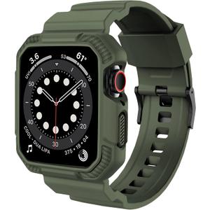 OROBAY Rugged Band Compatible with Apple Watch Band 45mm/44mm/42mm with Case, Shockproof Strap for iWatch SE3 SE2 SE Series 9/8/7/6/5/4/3/2/1 with Bumper Case Cover Men Women, Army Green