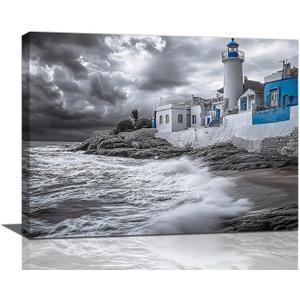 Olivine Beach Wall Art, Coastal Lighthouse Pictures Wall Decor, Black And White Painting, Nautical Canvas Prints, Framed Artwork for Bathroom Bedroom Living Room Office Home Decoration 16"x12"