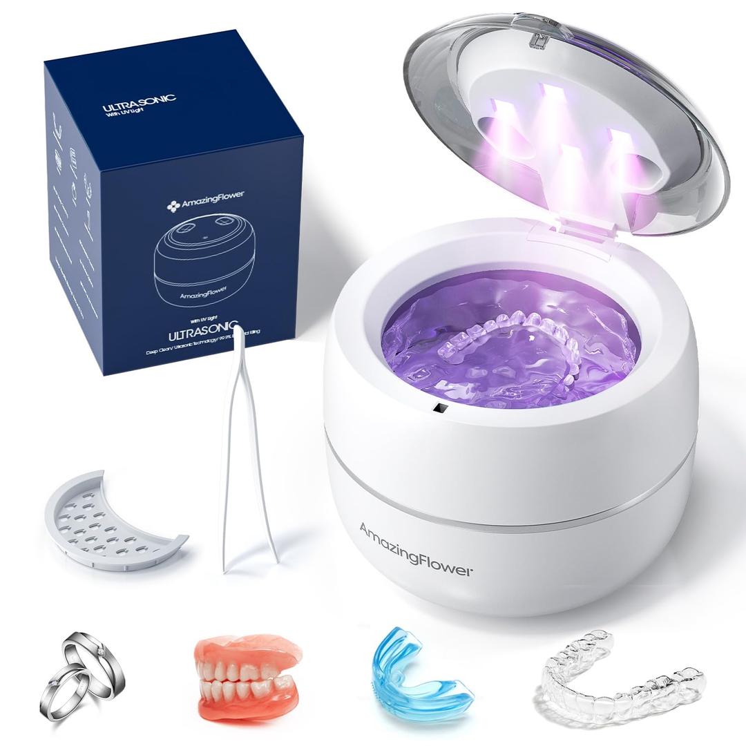 Ultrasonic Retainer Cleaner Machine, Upgraded 45kHz Ultrasonic Jewelry Cleaner for Ring, Aligner, Nightguard, Mouth Guard, Toothbrush Heads, Dental Cleaning Pod with 4 Lights (200ML)