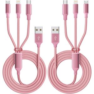 Multi Charging Cable, 3 in 1 Charging Cord for Multiple Devices, USB Cable Universal Charger with Type-C/IP/Micro USB for iPhone17-12/Android/Pad and More, Car Charger Travel Essentials(2Packs 4FT) (Pink)