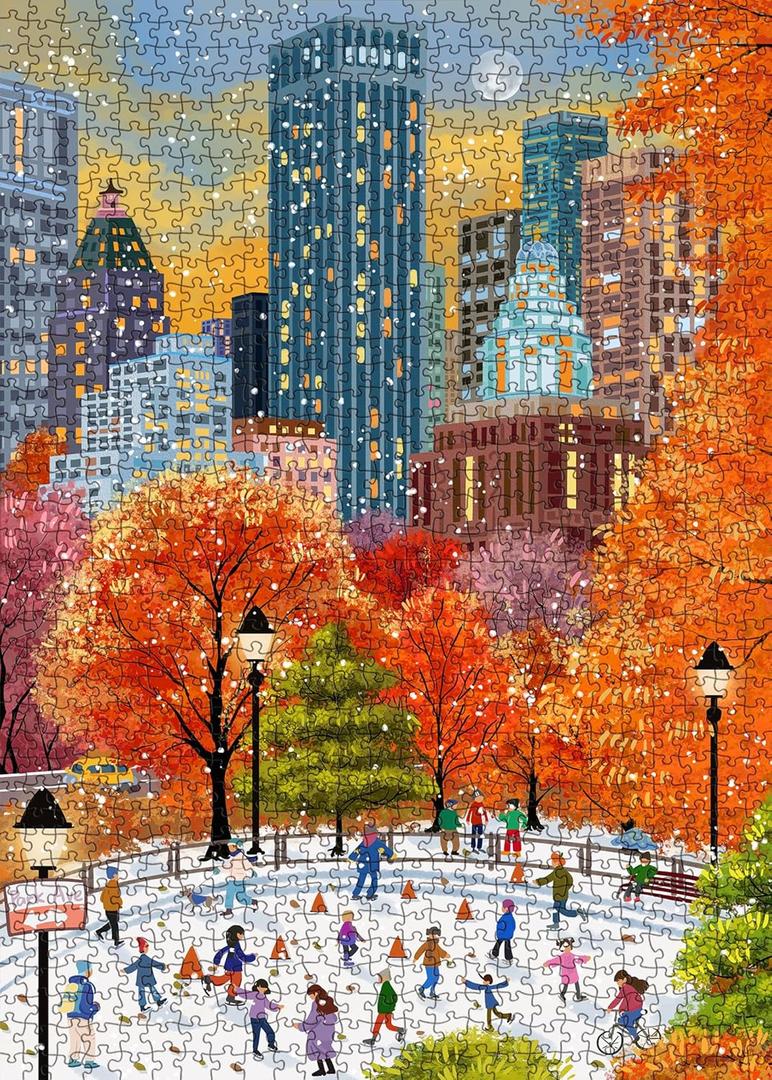 Fall Central Park Puzzles 1000 Pieces for Adults, Fun Fall Winter Snow Jigsaw Puzzle, Autumn Art Puzzle Collage as Home Decor